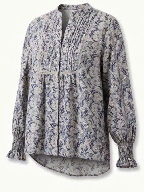 NWT BOHME Navy Floral Pintuck Cotton Blouse with Cream Background